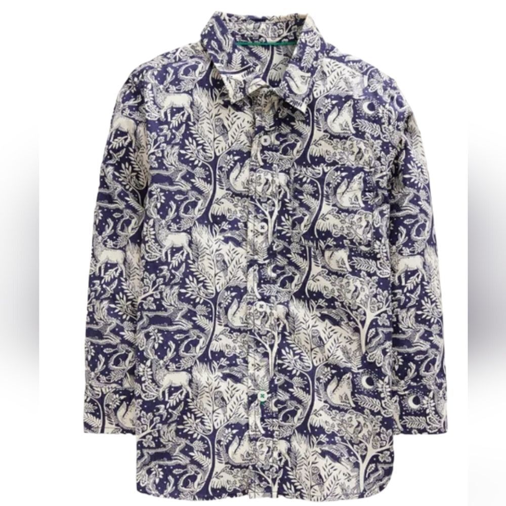2630 NWT Mini Boden Cotton Shirt College Navy Magical Forest Size 6-7
